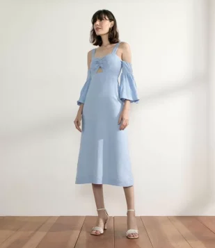 Vestido Midi Em Linho Com Decote Coração E Manga 3/4 Balonê Azul
