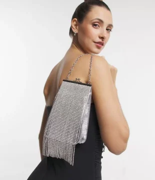 Bolsa Porta Celular Com Franja De Strass Prata