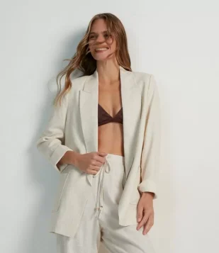 Blazer Em Viscose Com Forro Listrado Bege Claro