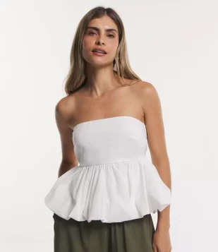 Blusa Tomara Que Caia Em Tricoline Com Babado Balonê Branco
