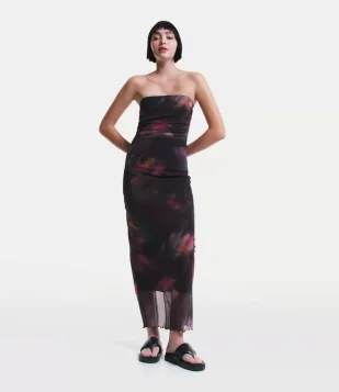 Vestido New Midi Em Tule Co, Drapeado E Estampa Floral Abstrata Preto