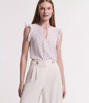 Blusa Sem Manga Em Crepe Com Canutilho Na Gola E Poás Estampados Off White