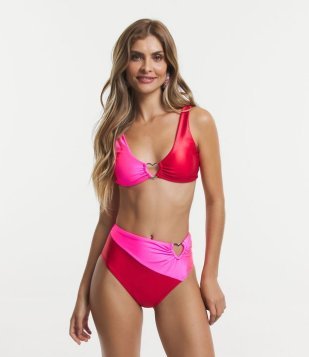Biquíni Calcinha Hot Pants Em Poliamida Com Detalhe Coração Vazado No Cós Rosa/ Vermelho