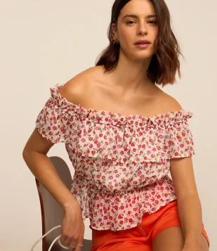 Blusa Ombro a Ombro em Crepe com Estampa Floral Branco