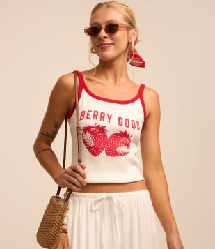 Blusa de Alça em Ribana com Viés Contrastante e Estampa Berry Good Off White