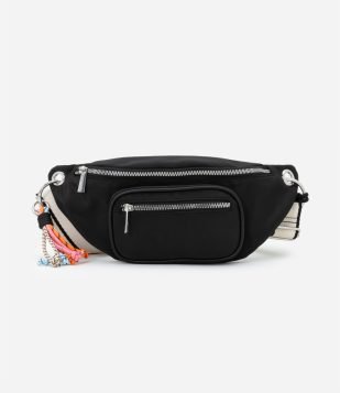 Bolsa Pequena Pochete com Bolso Frontal e Alça Trançada Preto