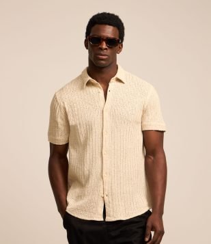 Camisa Comfort Algodão com Textura Trançada Bege