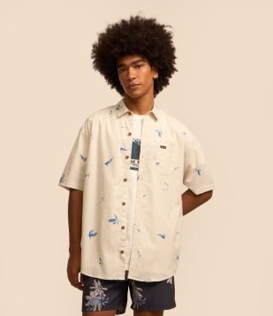 Camisa Relaxed em Tricoline com Estampa de Folhas Off White