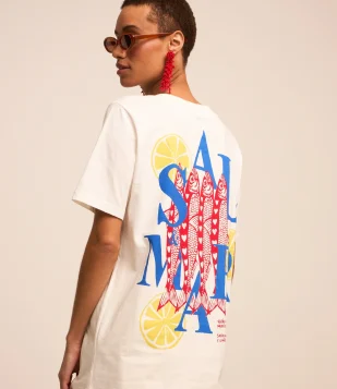 Camiseta Alongada em Algodão com Estampa Sardinha Sal e Mar Branco