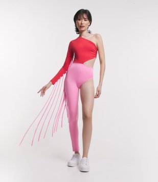 Macacão Assimétrico Bicolor Com Franjas Rosa