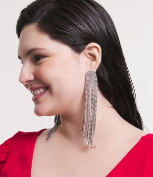 Maxi Brinco Em Metal Com Fios Longos Em Strass Prata
