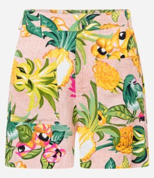Short Curto em Viscose com Estampa Tropical Rosa
