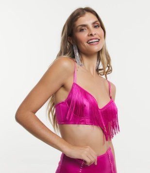Sutiã Sem Bojo Em Microfibra Com Strass E Franjas Rosa