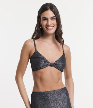 Top Em Fio Metalizado Com Nó Frontal E Amarração Nas Costas Prata