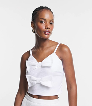 Blusa Cropped De Alça Em Jacquard Com Laços Frontais Off White