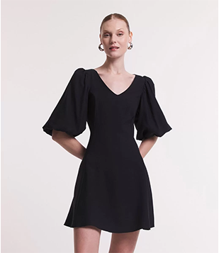 Vestido Curto Manga Balonê Em Viscose Com Pregas Preto