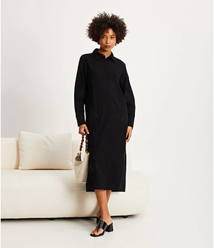 Vestido Chemise Em Linho Com Bordado Costela De Adão Preto