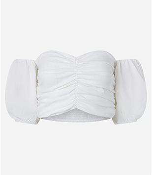 Blusa Cropped Em Linho Com Manga Balonê E Franzido Busto Branco