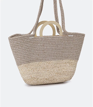 Bolsa Média Em Algodão Trançado Com Alça Curta Em Madeira Bege
