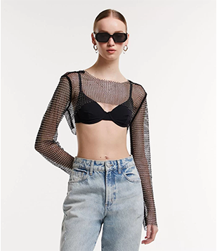 Blusa Cropped De Tela Com Strass E Manga Longa Preto