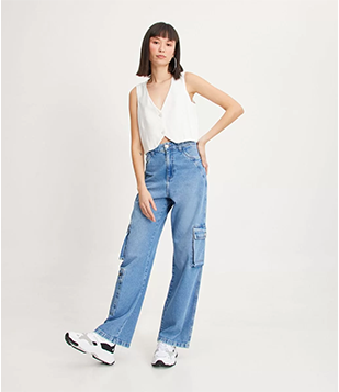 Calça Anos 90 Em Jeans Com Bolsos Cargo Azul