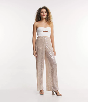 Calça Pantalona Em Malha Paetê Metalizado E Forro Bege