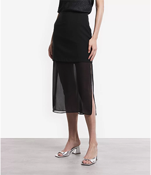 Saia Longa Reta Em Crepe Com Sobreposição Transparente Preto