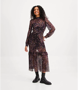 Vestido Midi Em Tule Com Golinha Alta E Estampa Floral Preto