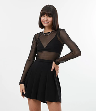 Blusa Cropped Em Tule Com Manga Longa Preto