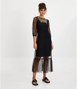 Vestido New Midi em Tule Bordado com Flores e Manga Bufante Preto