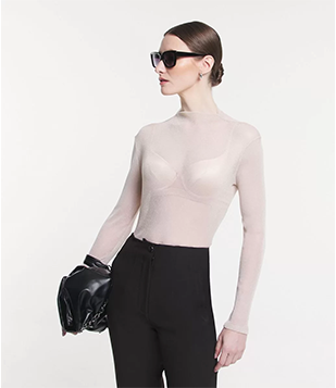 Blusa Manga Longa em Tule com Fio Metalizado Rosa Nude