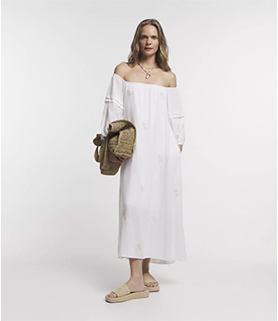 Vestido Midi Ombro a Ombro em Linho com Amarração e Bordados Off White