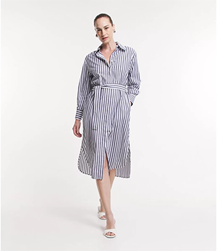 Vestido Midi Chemise Manga Longa Em Tricoline Listrado Off White