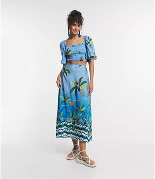 Saia New Midi Em Viscose Degrade Com Estampa Tropical Azul