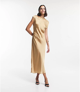 Vestido Long Midi Acetinado Com Abertura Nas Costas Dourado