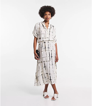 Vestido Midi Em Viscose Com Amarração E Blocos Manchados Off White