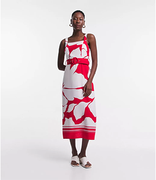 Vestido Longo Sem Manga Em Linho Com Cinto E Manchas Estampadas Branco/Vermelho