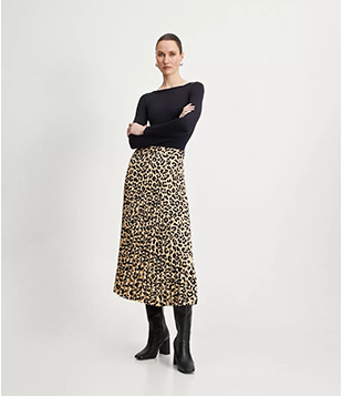 Saia Midi Plissada Em Crepe Com Estampa Animal Print Bege