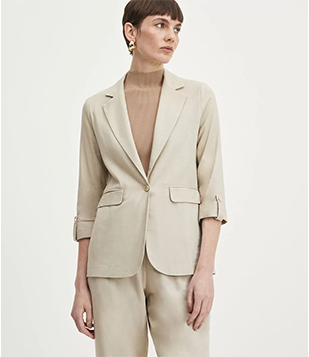 Blazer Alongado Em Linho Com Mangas Dobradinhas Bege