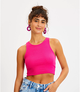 Blusa Cropped Sem Manga Em Algodão Com Textura Canelada Rosa Forte