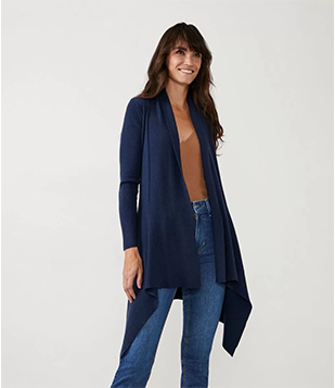 Cardigan Alongado Em Tricô Texturizado Com Abertura Total Azul Marinho