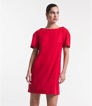 Vestido Curto Manga Curta Em Linho Com Bolsos Vermelho