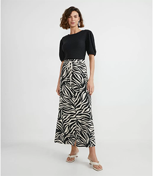 Saia Longa Em Viscose Com Estampa Animal Print Zebra Preto