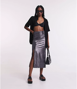 Saia Midi Metalizada com Fenda Lateral Cinza