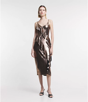 Vestido Midi Texturizado em Tecido Metalizado com Babados Dourado