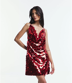 Vestido Curto Em Paetê Metalizado Com Alças Cruzadas Vermelho