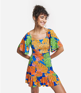Vestido Curto Em Viscose Com Manga Gode E Estampa De Bananas Azul
