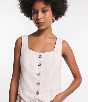 Colete Em Linho Listrado Com Barra Assimétrica Pontiguada Bege