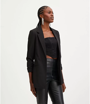 Blazer Alongado Alfaiataria Em Crepe Com Franzido Na Manga Preto