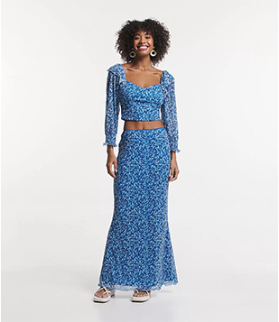 Saia New Midi Em Tule Com Estampa Floral Liberty Azul